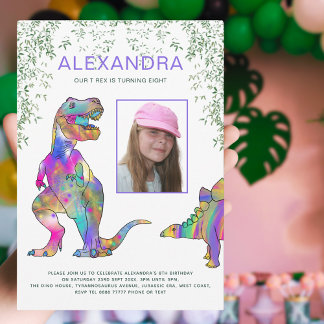 Dinosaur T-Rex Girls Geburtstagsparty Lila Einladung