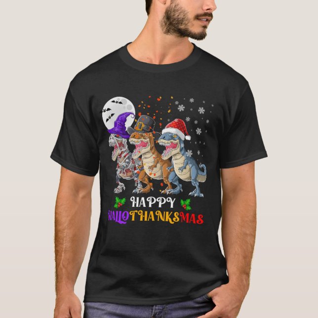 Dinosaur T Rex Happy Hallothanksmas T-Shirt (Vorderseite)