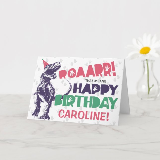 Dinosaur T-Rex in einem Party Hat Pink Happy Birth Karte (Kleine Pflanze)