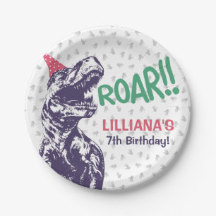 Dinosaur T-Rex in Party Hat Pink & Lila Geburtstag Pappteller