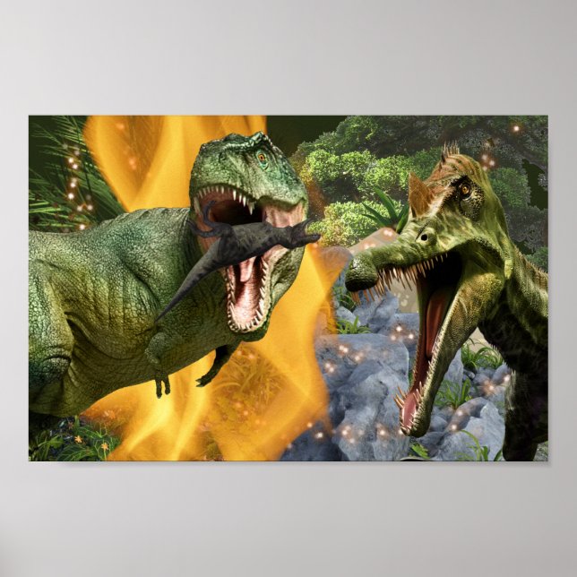 Dinosaur T-rex kämpfen Flammen Jungen Dino Thema Poster (Vorne)