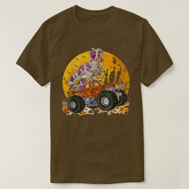 Dinosaur T Rex Mummy Pumpkin Riding Monster Truck T-Shirt (Design vorne)