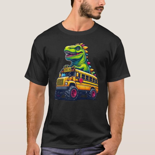 Dinosaur T-rex On Monster Truck School Bus Driver  T-Shirt (Vorderseite)