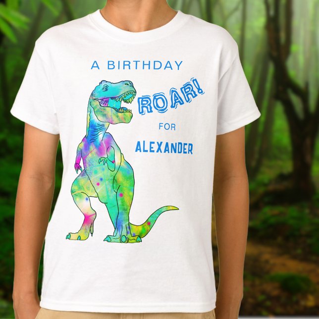 Dinosaur T-Rex Personalisiert Boys Geburtstagspart T-Shirt (Personalized boys dinosaur T-Rex roar birthday party T-shirt Colorful dino modern blue typography )