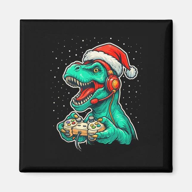 Dinosaur T Rex Playing Video Game Santa Hat Christ Magnet (Vorne)