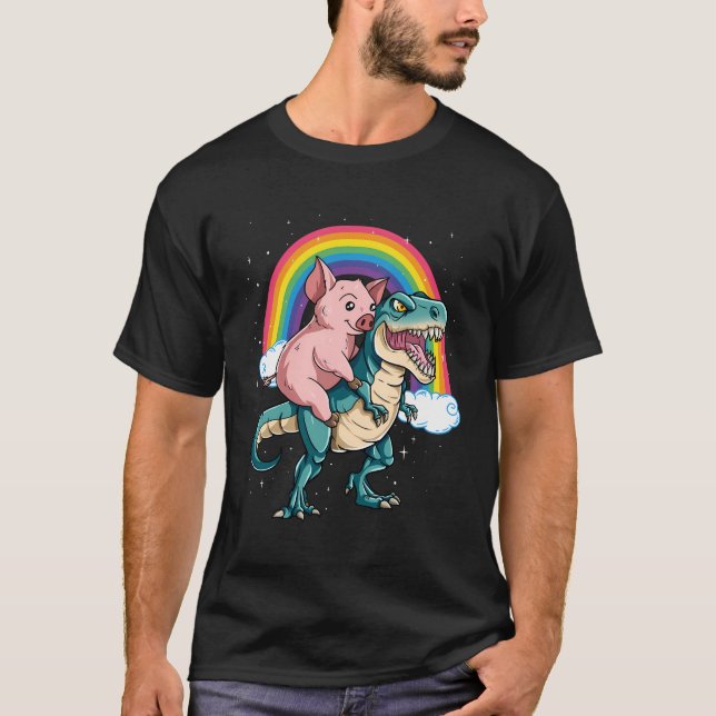 Dinosaur T Rex Rainbow Glitzern Pig T-Shirt (Vorderseite)