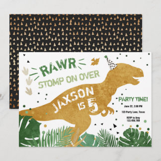 Dinosaur T-Rex RAWR Gold Green Dino Boy Geburtstag Einladung