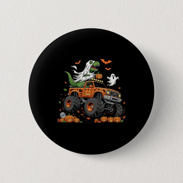 Dinosaur T-rex Riding Monster Truck Halloween Männ Button (Vorderseite)
