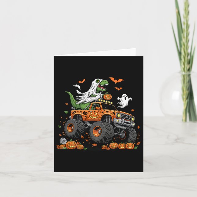 Dinosaur T-rex Riding Monster Truck Halloween Männ Karte (Vorderseite)
