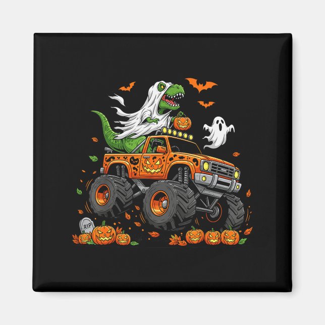 Dinosaur T-rex Riding Monster Truck Halloween Men  Magnet (Vorne)