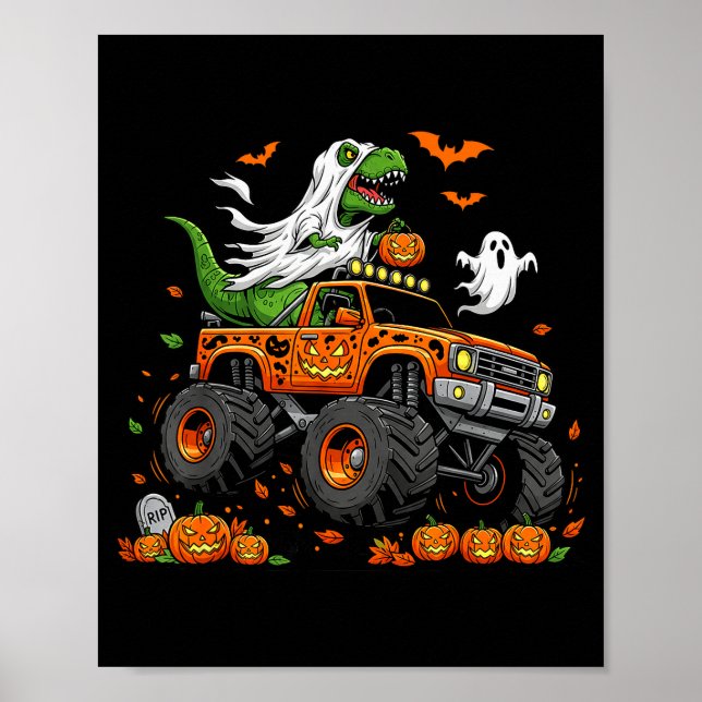 Dinosaur T-rex Riding Monster Truck Halloween Men  Poster (Vorne)