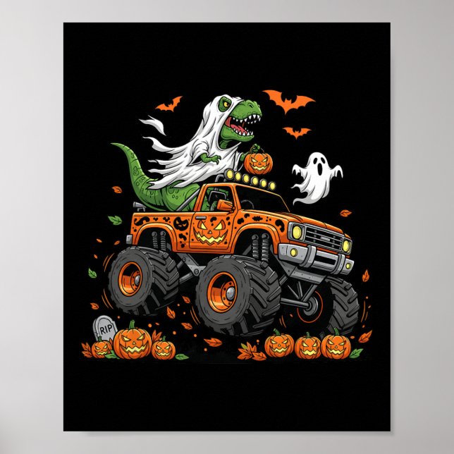 Dinosaur T-rex Riding Monster Truck Halloween Men  Poster (Vorne)