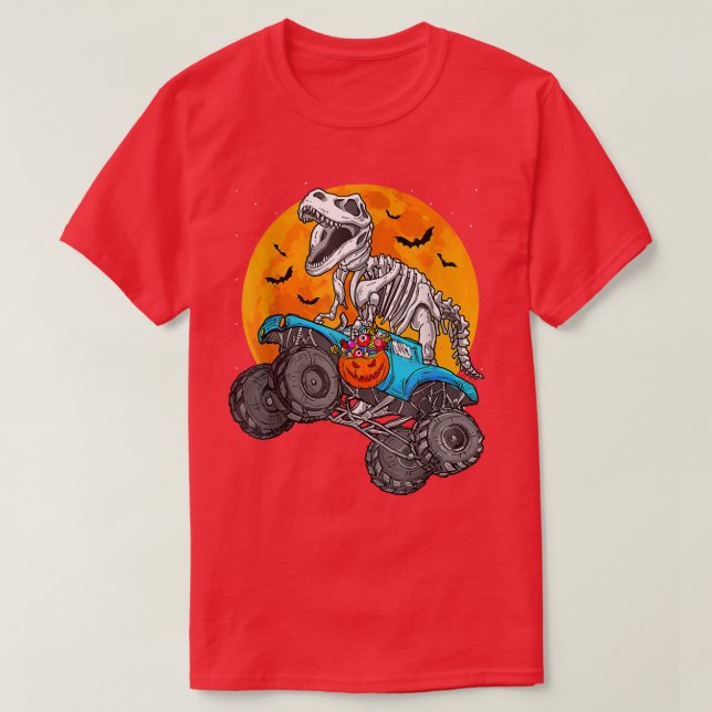Dinosaur T Rex Riding Monster Truck Moon Halloween T-Shirt (Design vorne)