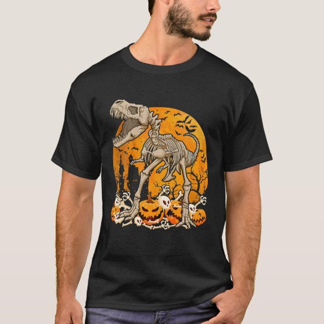 Dinosaur T Rex Skeleton Pumpkin mit MondHallowee T-Shirt (Vorderseite)