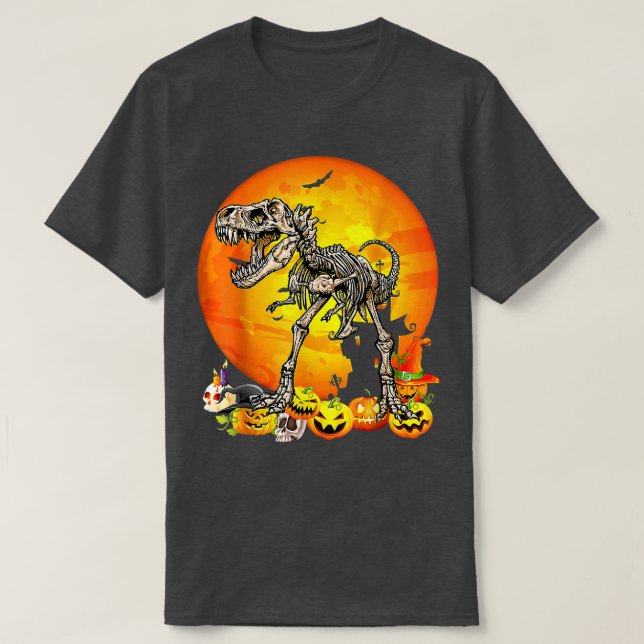 Dinosaur T Rex Skeleton Pumpkin mit MondHallowee T-Shirt (Design vorne)