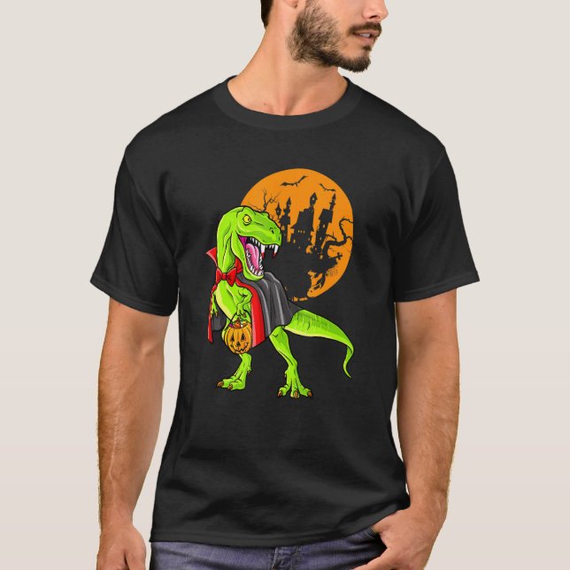 Dinosaur T Rex Vampire Halloween Candy Pumpkin T-Shirt (Vorderseite)