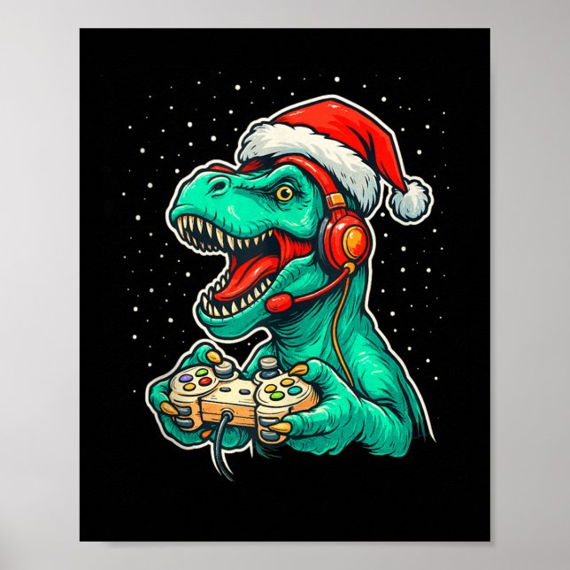 Dinosaur T Rex Videospiel Weihnachtsmannmütze Chri Poster (Vorne)