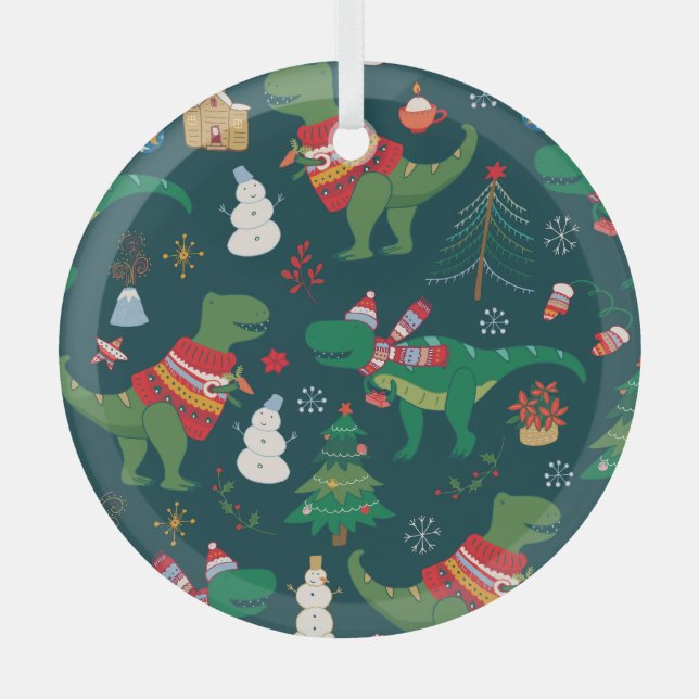Dinosaur T-Rex: Weihnachten Neues Jahr. Ornament Aus Glas (Vorderseite)