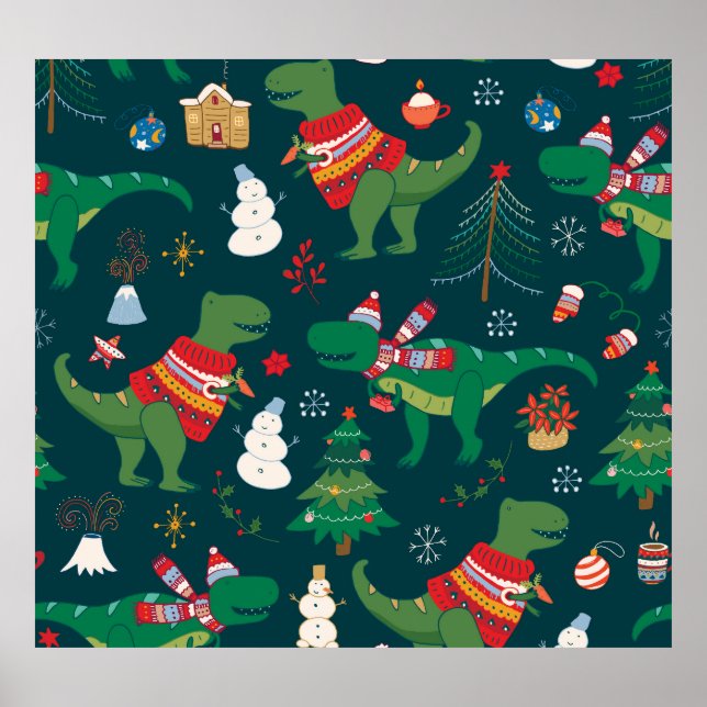 Dinosaur T-Rex: Weihnachten Neues Jahr. Poster (Vorne)