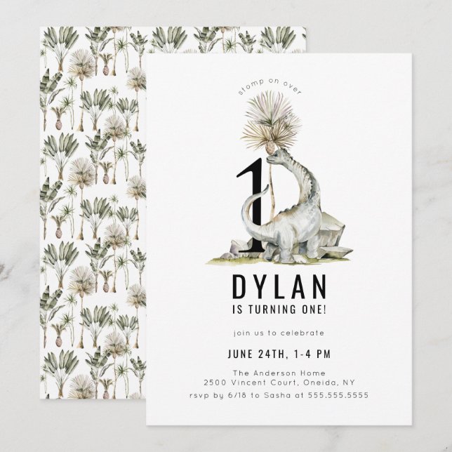 Dinosaur Thema 1. Geburtstag Party Einladung (Vorne/Hinten)