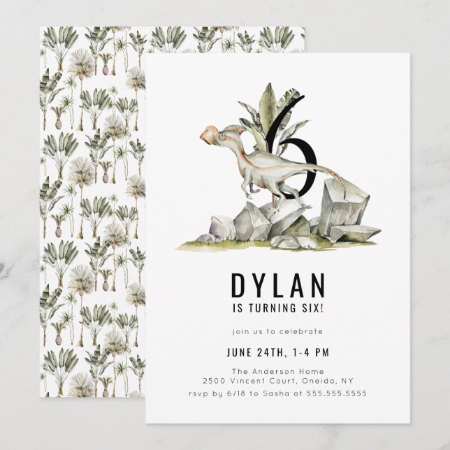 Dinosaur Thema 6. Geburtstagsparty Einladung (Vorne/Hinten)