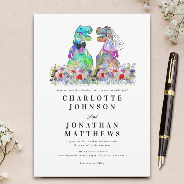 Dinosaur Thema farbenfrohe Wildblume Hochzeit Einladung (Colorful wildflower dinosaur theme wedding invitation with fun dino bride and groom)