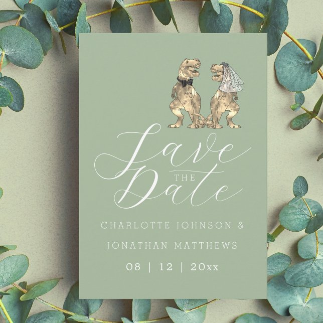 Dinosaur-Thema Hellgrüne Hochzeit Save The Date (Funny modern dinosaur wedding save the date sage green invitation elegant modern script)
