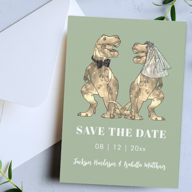 Dinosaur-Thema Hellgrüne Hochzeit Save The Date (Funny modern dinosaur wedding save the date sage green invitation)