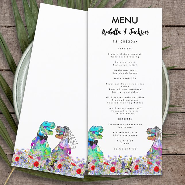 Dinosaur Thema Hochzeit farbenfrohe Wildblume Menükarte (Dinosaur themed wedding menu with colorful T-Rex bride and groom in a colorful wildflower meadow)