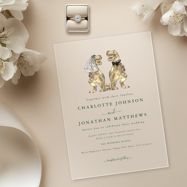 Dinosaur Thema Hochzeit Grün Acryleinladungen (Dinosaur theme wedding dark green modern elegant typography acrylic invitation T-Rex bride and groom)