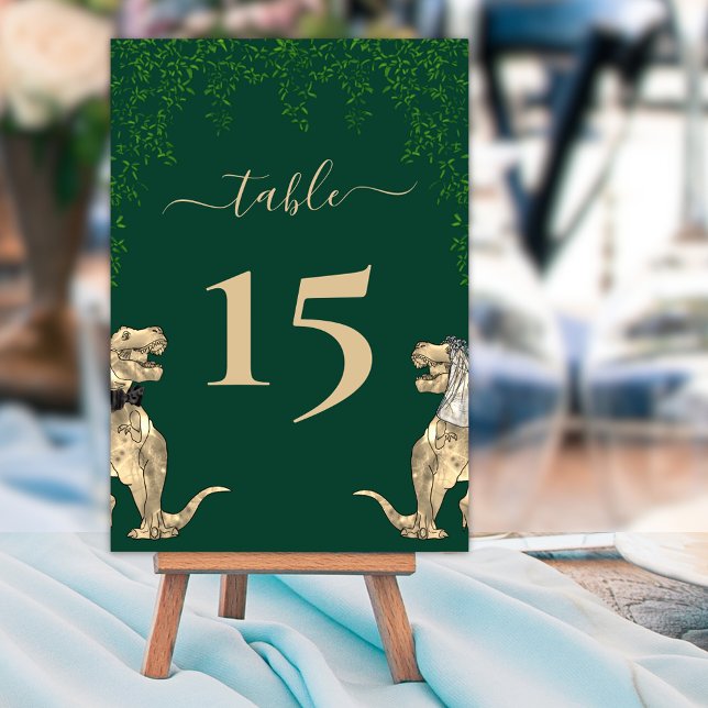 Dinosaur Thema Hochzeit Grün Tischnummer (Dinosaur themed dark green wedding table number cards  Jurassic T-Rex bride and groom eucalyptus )