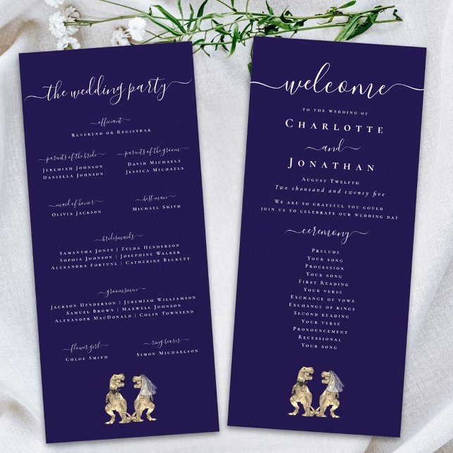 Dinosaur Thema Hochzeitfeier Programm Navy Blue (Dinosaur theme wedding ceremony program card navy blue & white Elegant modern script T-Rex dino )