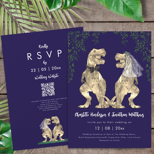Dinosaur-Thema Navy Blau Hochzeits-QR-Code  Einladung (T-Rex bride and groom dinosaur wedding rsvp qr code navy blue Invitation)