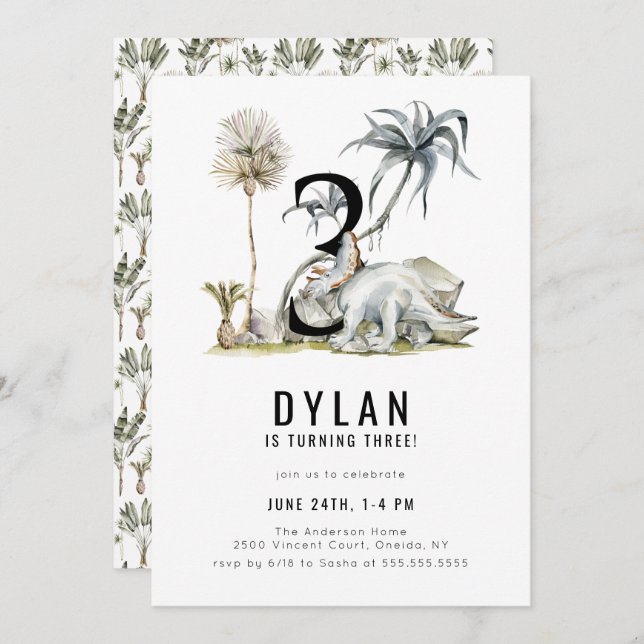 Dinosaur Theme 3. Geburtstags-Party Einladung (Vorne/Hinten)