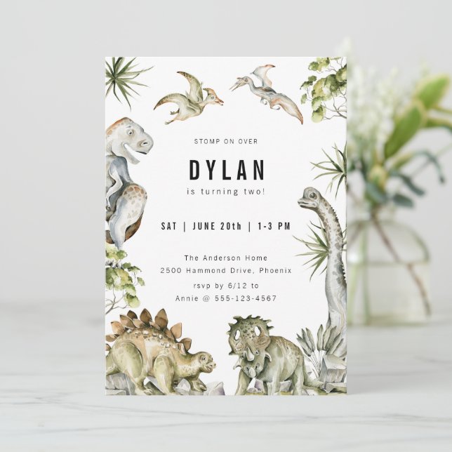 Dinosaur Theme Geburtstagsparty Einladung (Stehend Vorderseite)