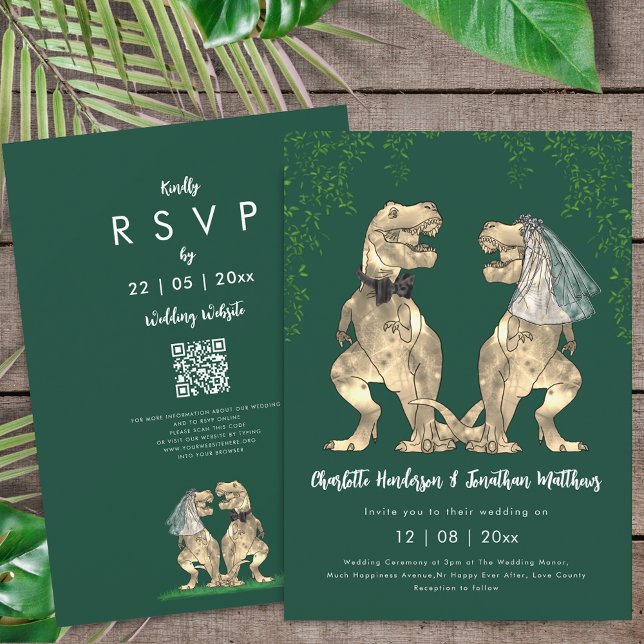 Dinosaur theme Green Wedding QR Code  Einladung (T-Rex bride and groom dinosaur wedding green rsvp qr code invitation watercolor Eucalyptus foliage )