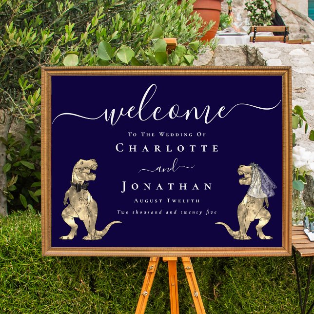 Dinosaur Theme Navy Blue Wedding Welcome Sign Poster (Elegant Dinosaur navy blue wedding Welcome poster sign T-Rex bride and groom dino whimsical script)