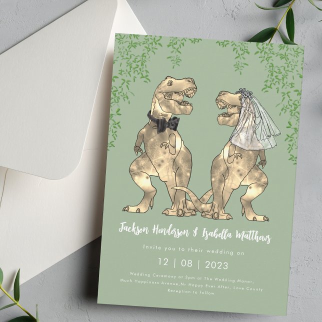 Dinosaur Theme Sage Green Wedding Einladung (Dinosaur T-Rex bride and groom sage green and white wedding invitation Funny T-Rex bride and groom )