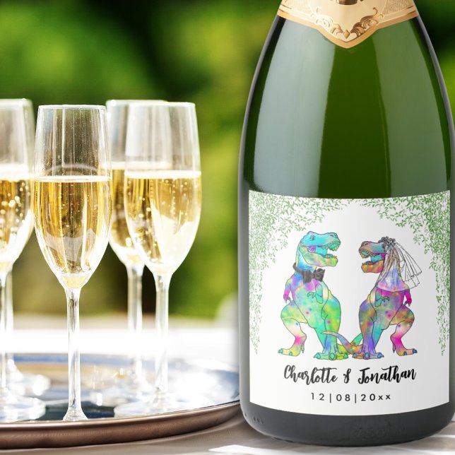 Dinosaur Theme Wedding (Colorful T-Rex bride and groom custom dinosaur wedding sparkling wine labels)