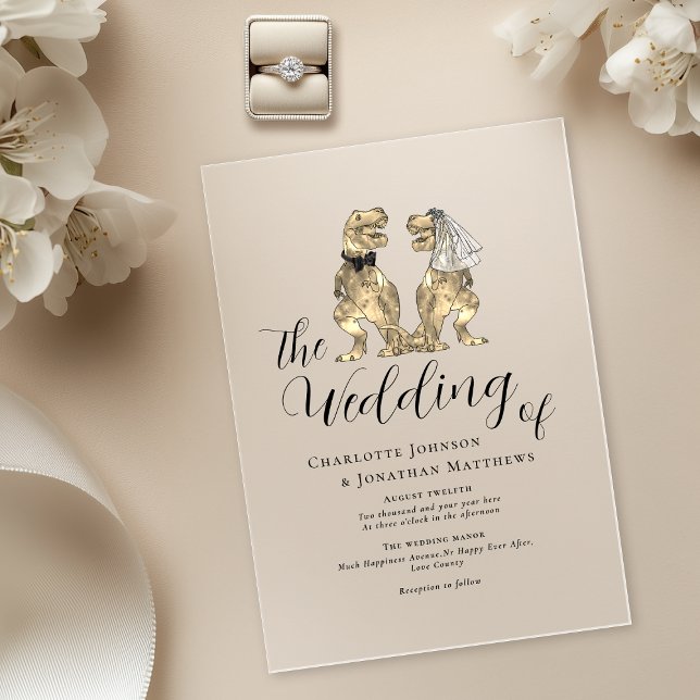 Dinosaur Theme Wedding Acryleinladungen (Elegant Dinosaur destination wedding 5 x 7 acrylic invitation T-Rex bride and groom black tie )