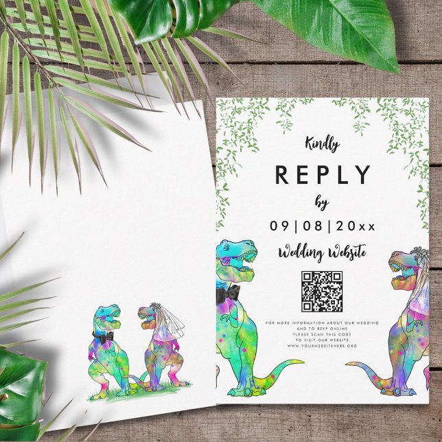 Dinosaur Theme Wedding Antwort QR Code (T-Rex bride and groom colorful dinosaur wedding reply wedding website QR code enclosure card)