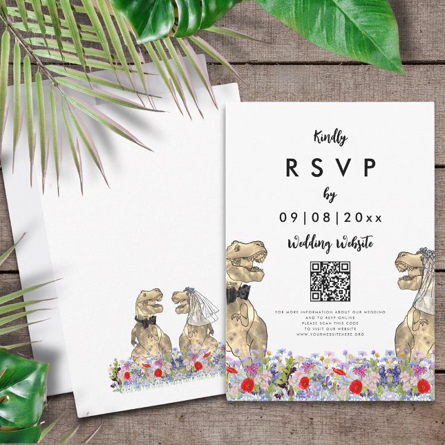 Dinosaur Theme Wedding Antwort QR-Code (T-Rex bride and groom dinosaur wedding website QR code RSVP enclosure card )