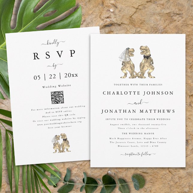 Dinosaur Theme Wedding Black and White QR Code Einladung (Dinosaur theme wedding qr code invitation fun T-Rex dino bride and groom modern elegant script)