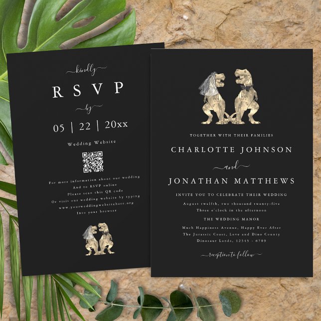 Dinosaur Theme Wedding Black and White QR Code Einladung (Dinosaur theme wedding black and white qr code invitation Elegant modern T-Rex dino bride & groom)