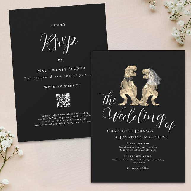 Dinosaur Theme Wedding Black and White QR Code Einladung (Dinosaur theme wedding black and white QR code invitation T-Rex dino Bride and groom elegant modern)