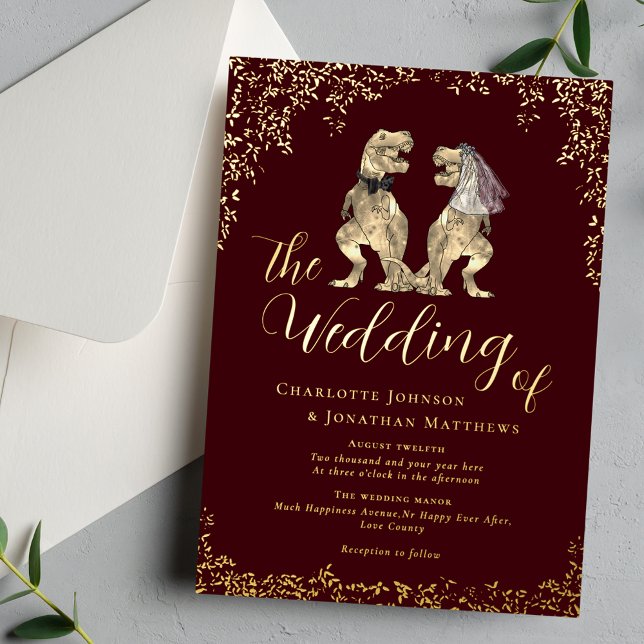 Dinosaur Theme Wedding Burgundy and Gold Folieneinladung (Dinosaur theme wedding burgundy and gold foil foliage invitation T-Rex bride and groom dino )