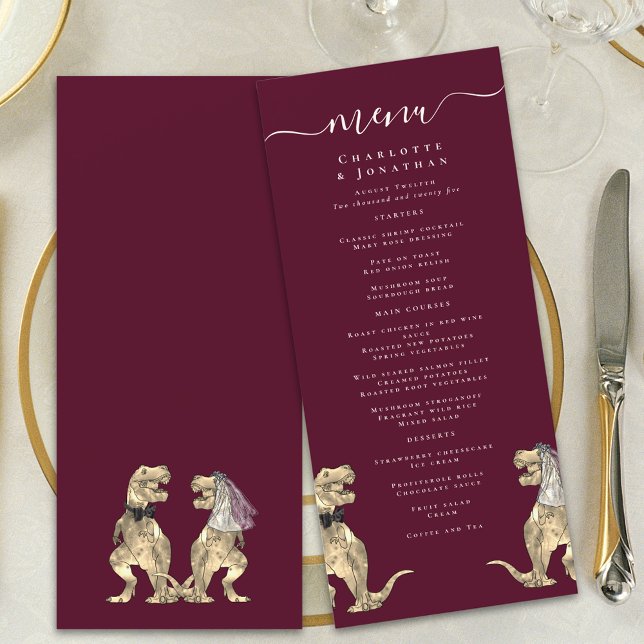 Dinosaur Theme Wedding Burgundy & Cream Menükarte (Dinosaur destination wedding menu burgundy & cream modern elegant script T-Rex din bride & groom)