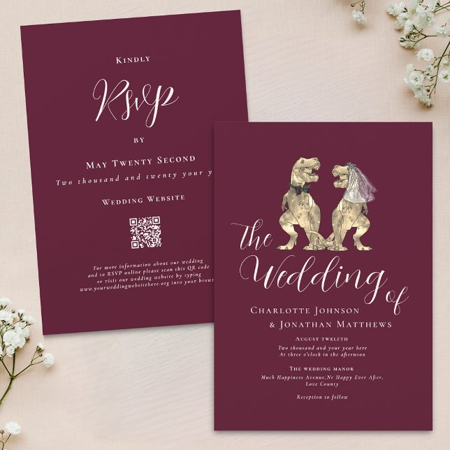 Dinosaur Theme Wedding Burgundy Cream QR-Code Einladung (Dinosaur theme wedding Burgundy and ivory Cream QR Code invitation elegant modern script T-Rex Dino)