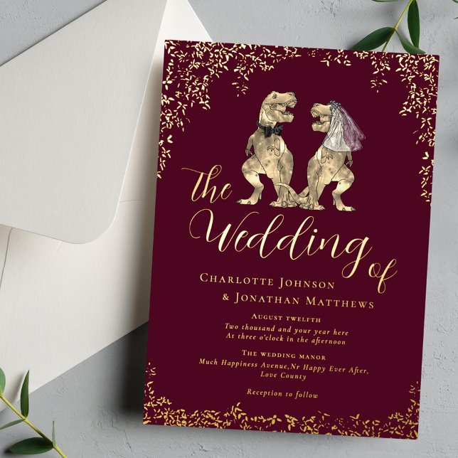 Dinosaur Theme Wedding Burgundy Red and Gold Folieneinladung (Dinosaur bride and groom wedding burgundy red and gold foil invitation Eucalyptus foliage )
