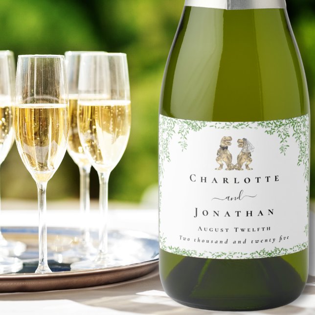 Dinosaur Theme Wedding Custom (Personalized T-Rex bride and groom dinosaur wedding sparkling wine labels Watercolor foliage)